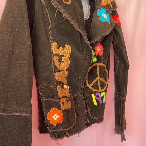 1970 Johnny Was Vintage Joystick Embroidered Brown Corduroy Blazer Jacket Large - Picture 3 of 13